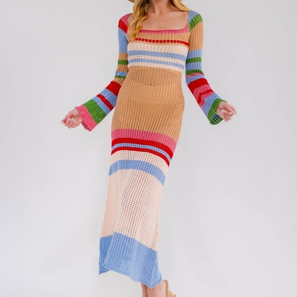 Cellecci Crochet Bodycon Midi Dress Long Flare Sleeves Colorblock
